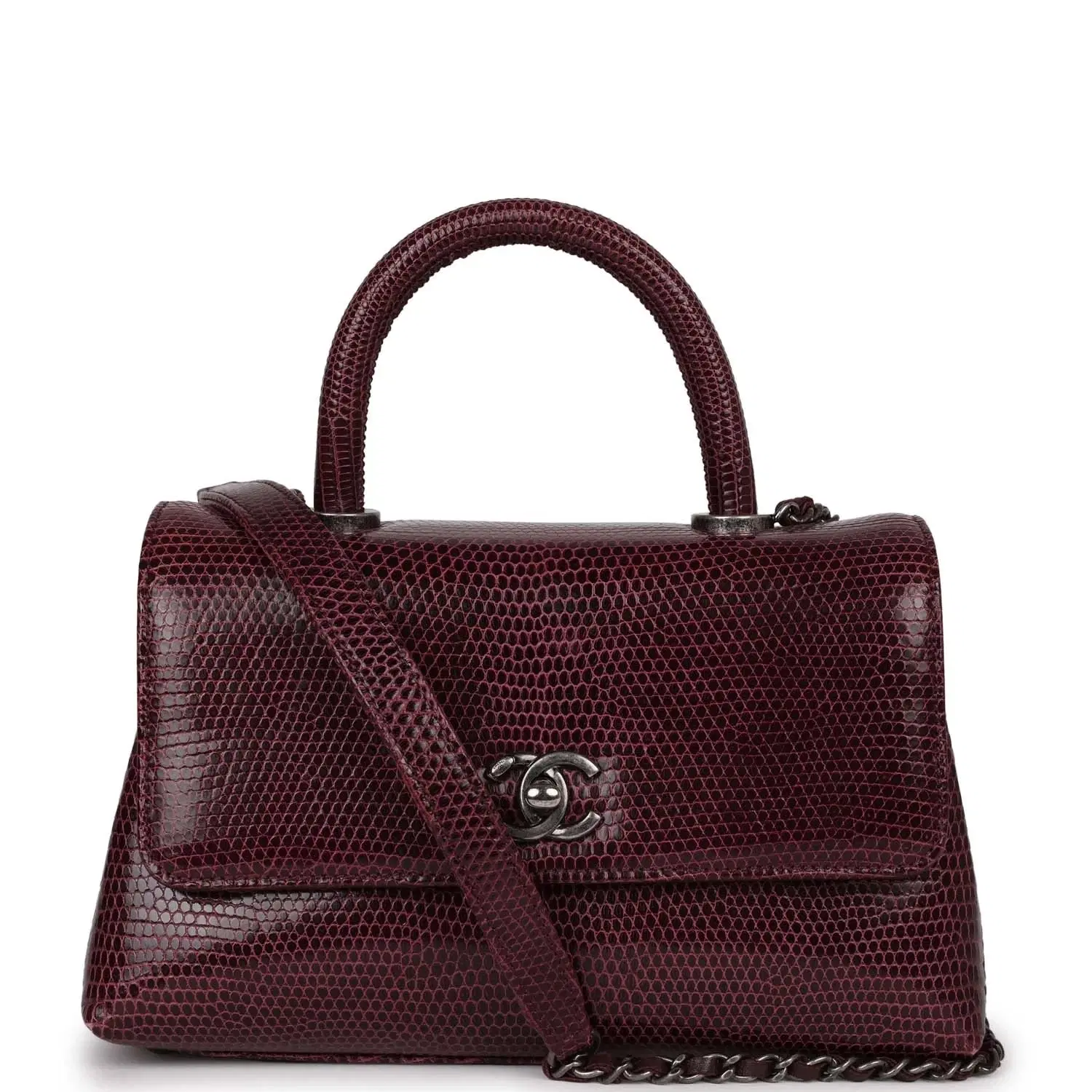 Pre-owned Chanel Mini Coco Handle Flap Bag Burgundy Lizard Ruthenium Hardware
