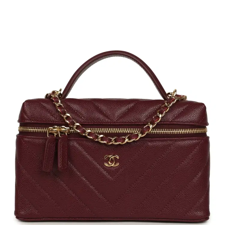 Chanel Chevron Top Handle Long Vanity Case with Chain Dark Burgundy Shiny Caviar Gold Hardware-Hover-Image
