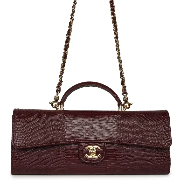 Chanel Long Top Handle Clutch with Chain Dark Burgundy Lizard Embossed Calfskin Gold Hardware-Hover-Image