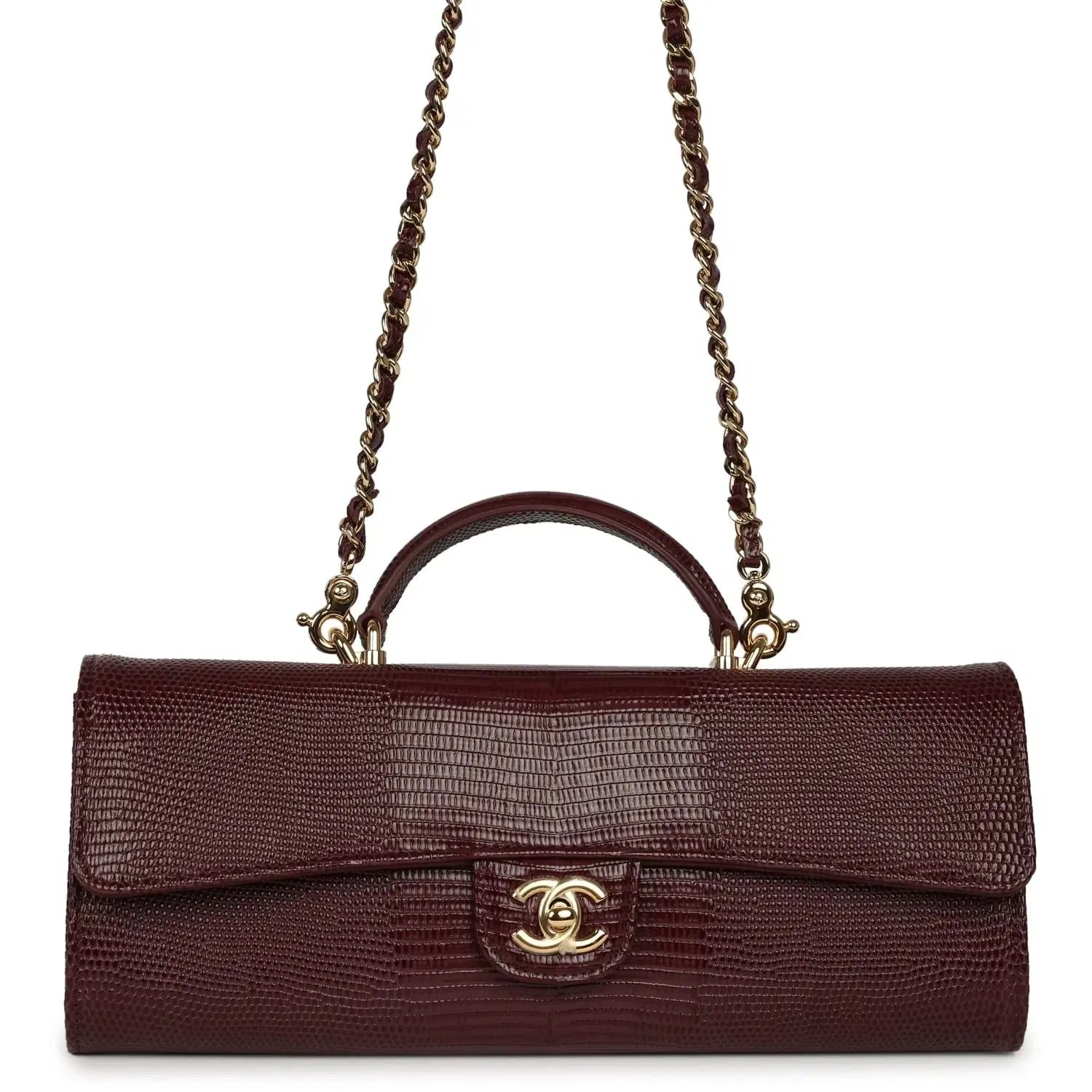 Chanel Long Top Handle Clutch with Chain Dark Burgundy Lizard Embossed Calfskin Gold Hardware