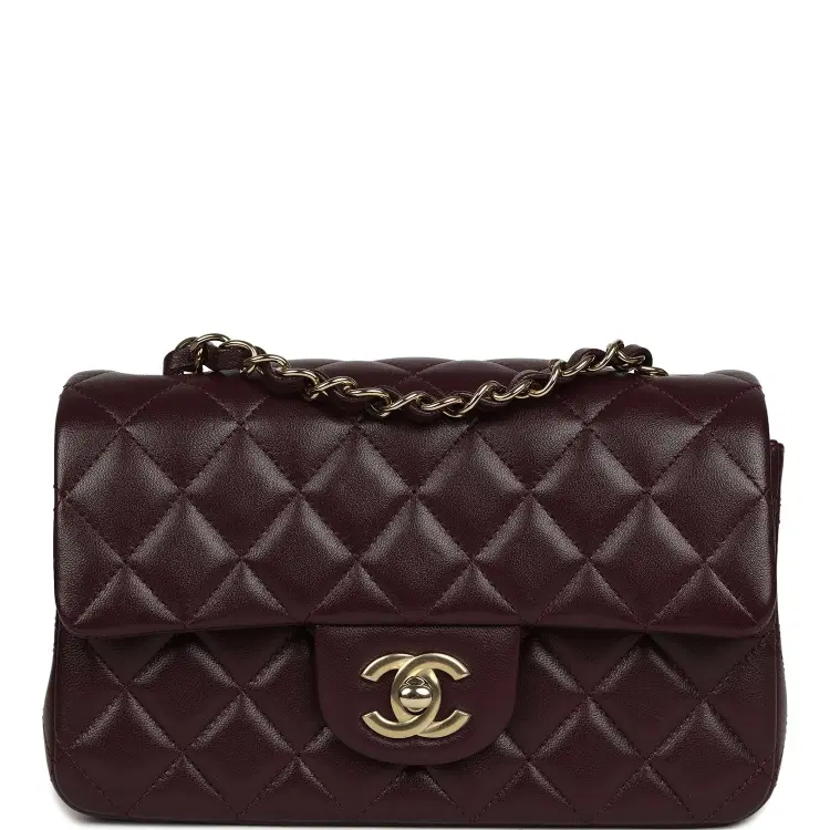 Chanel Mini Classic Rectangular Flap Bag Burgundy Shiny Lambskin Light Gold Hardware-Hover-Image