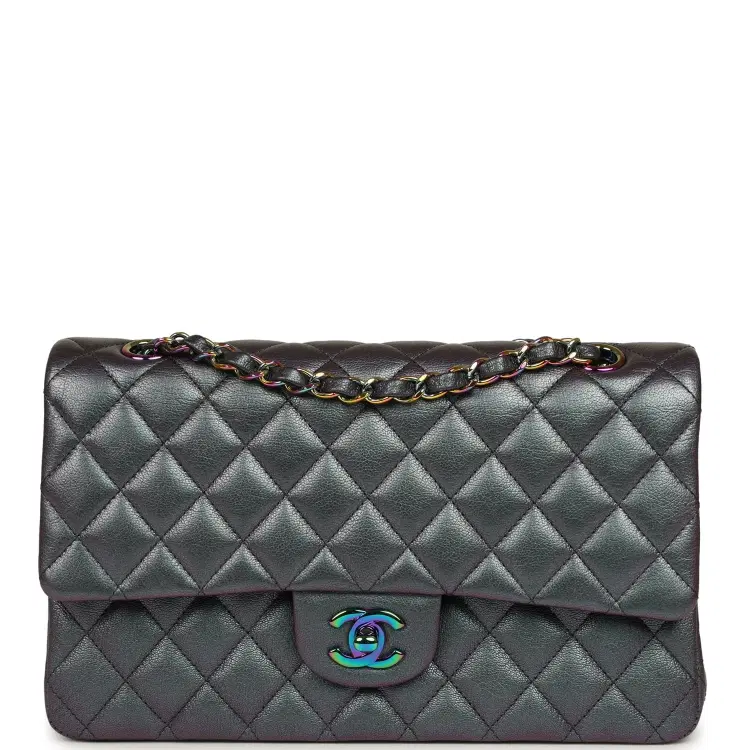 Pre-owned Chanel Medium Classic Double Flap Bag Iridescent Purple Goatskin Rainbow Hardware-Hover-Image