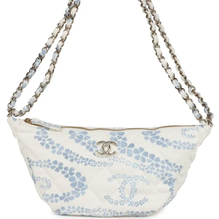 Chanel Large Coco Beach Hobo Bag in White and Blue Denim Light Gold Hardware-Hover-Image