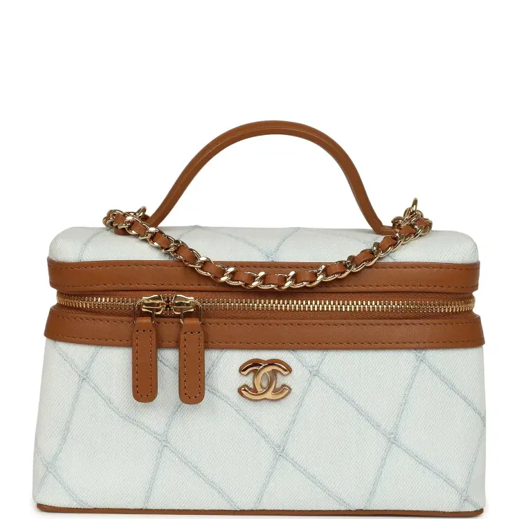 Chanel Coco Beach Top Handle Long Vanity Case with Chain Light Blue Denim and Brown Calfskin Gold Hardware-Hover-Image