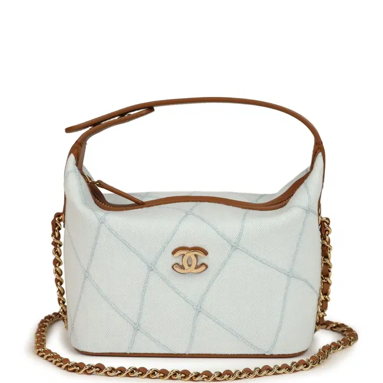 Chanel Mini CC Hobo Pouch with Chain Light Blue Denim and Brown Calfskin Gold Hardware-Hover-Image