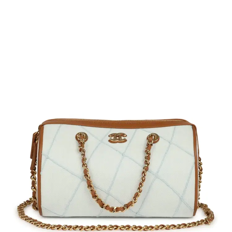 Chanel Coco Beach Mini Timeless Classic Barrel Bag with Chain Light Blue Denim and Brown Calfskin Gold Hardware-Hover-Image