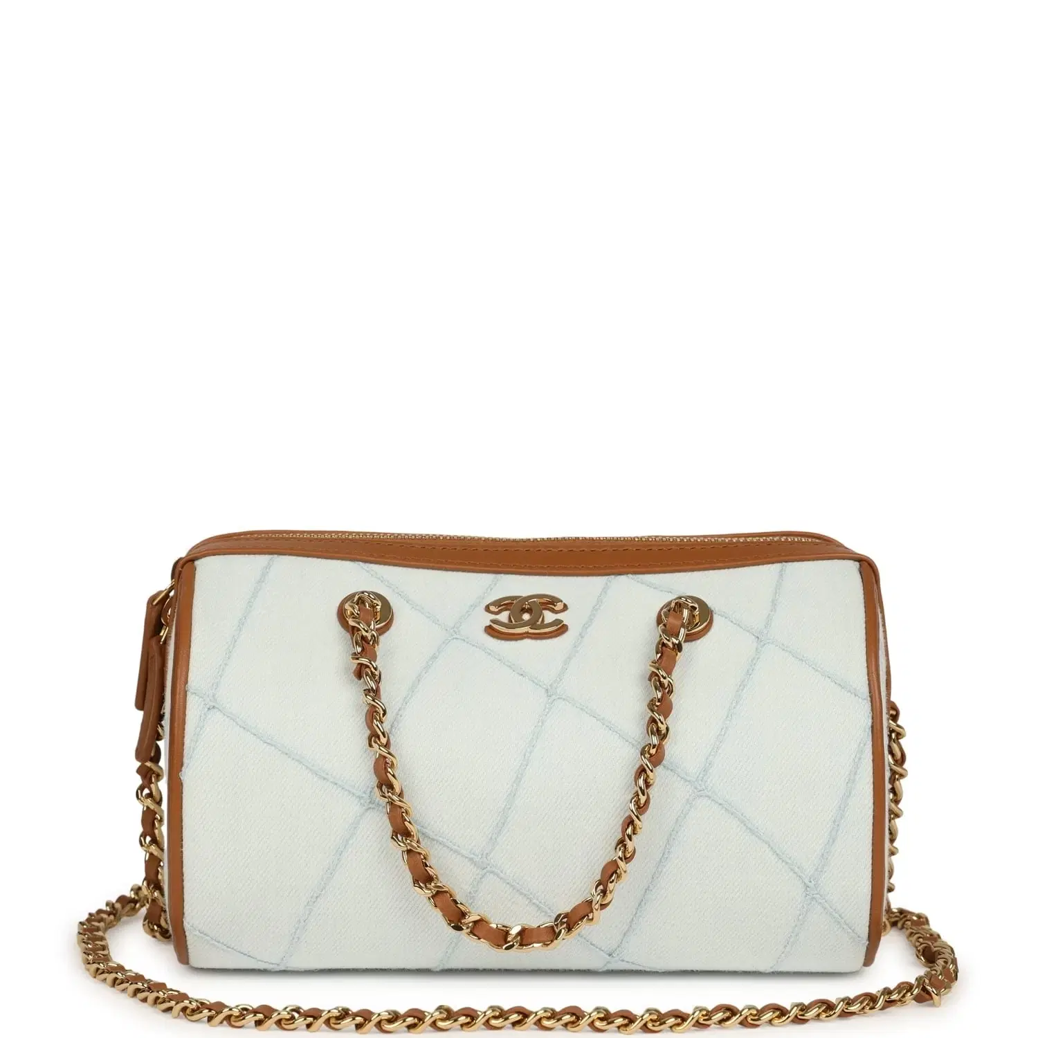 Chanel Coco Beach Mini Timeless Classic Barrel Bag with Chain Light Blue Denim and Brown Calfskin Gold Hardware