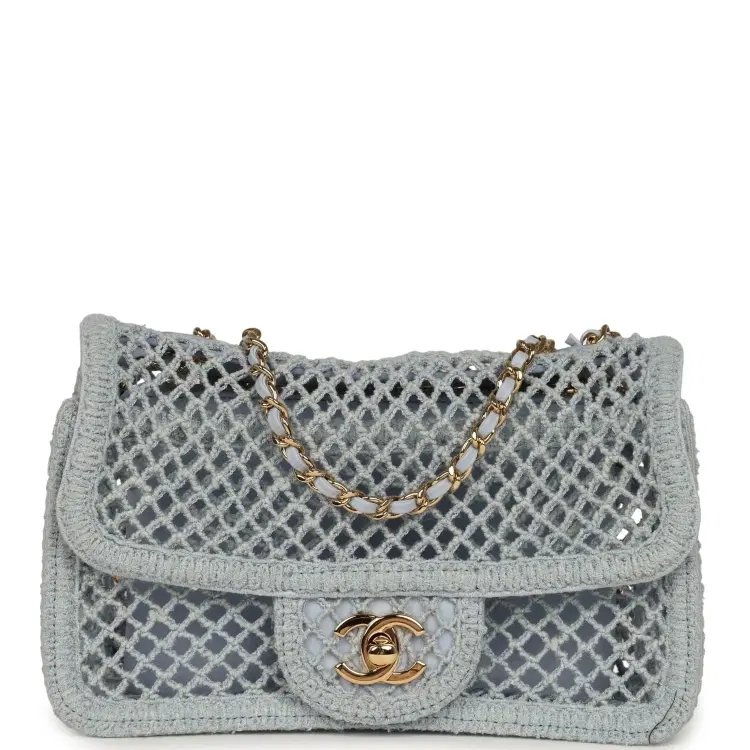 Chanel Small Coco Beach Macrame Flap Bag Light Blue Mesh Gold Hardware-Hover-Image