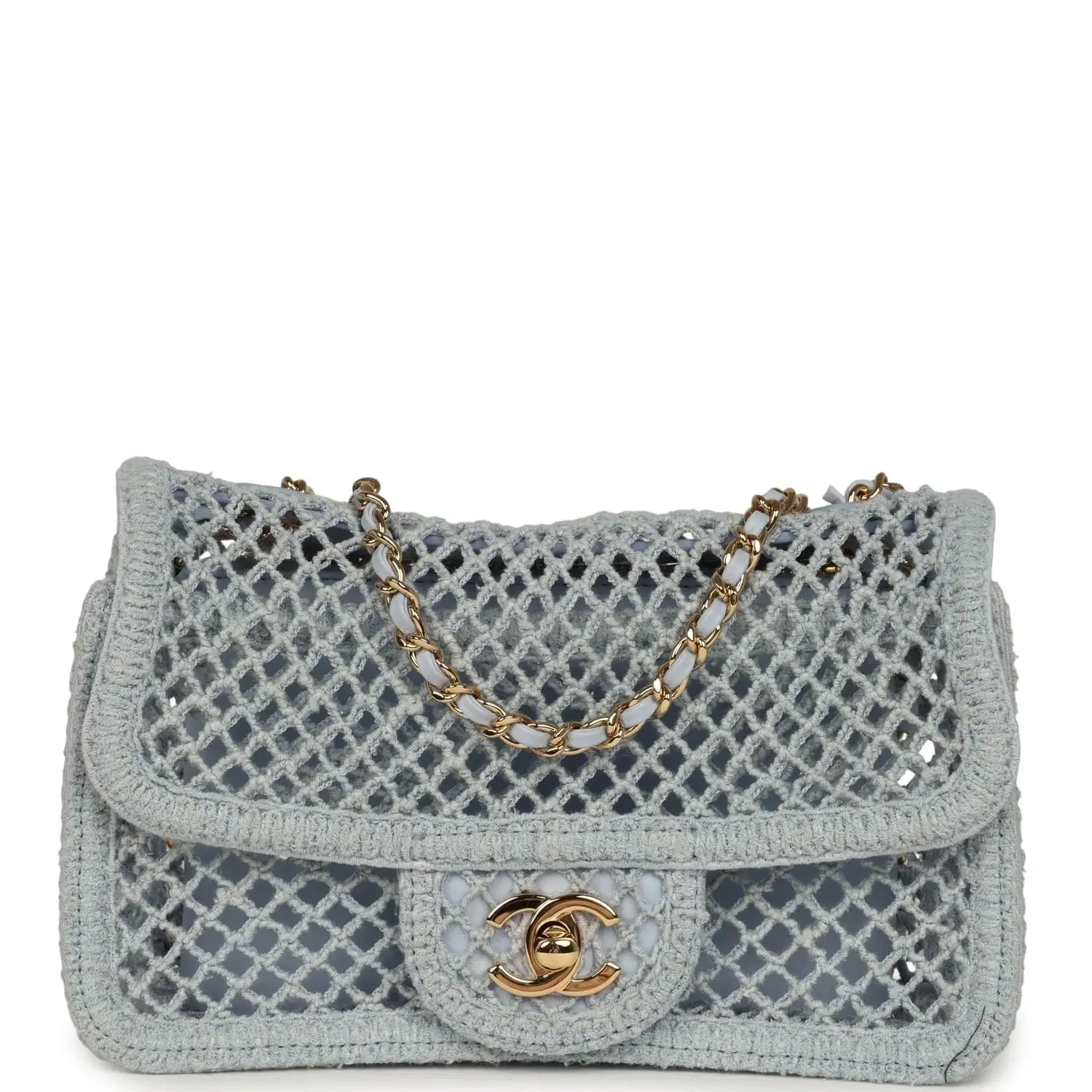 Chanel Small Coco Beach Macrame Flap Bag Light Blue Mesh Gold Hardware
