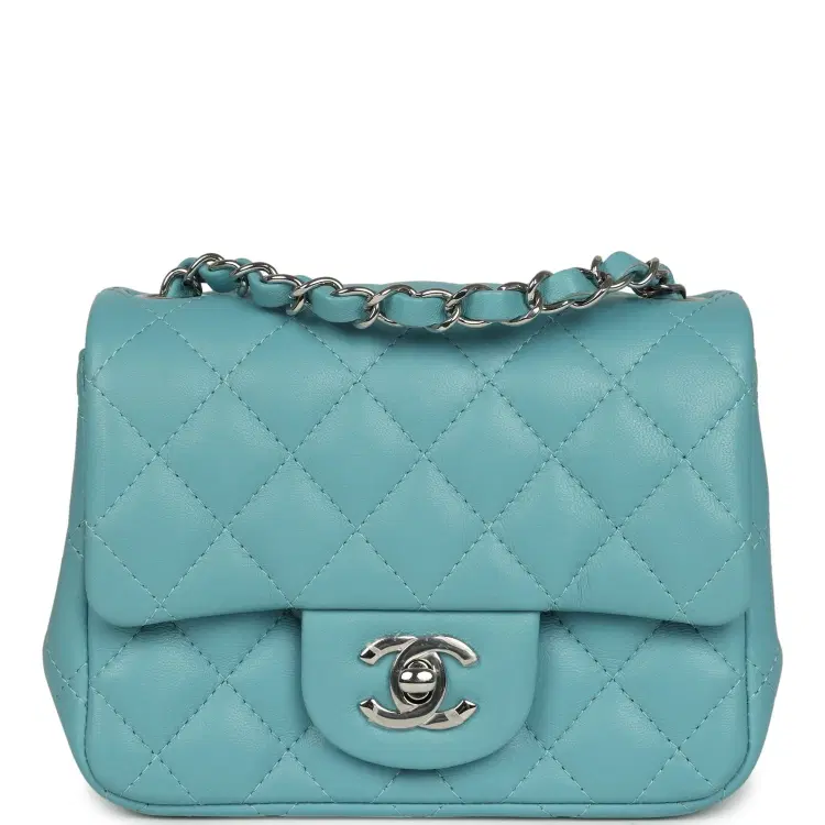 Chanel Mini Classic Square Flap Bag Light Blue Lambskin Silver Hardware-Hover-Image