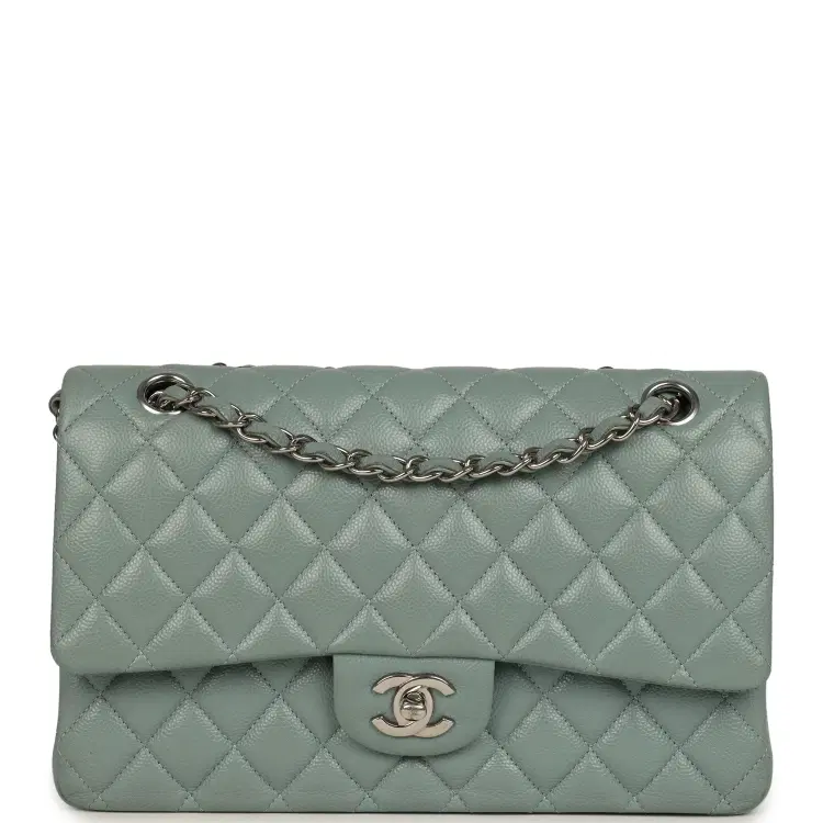 Pre-owned Chanel Medium Classic Double Flap Bag Blue Shiny Caviar Silver Hardware-Hover-Image