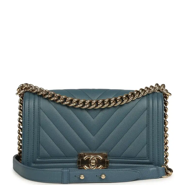 Pre-owned Chanel Medium Chevron Boy Bag Blue Caviar Light Gold Hardware-Hover-Image