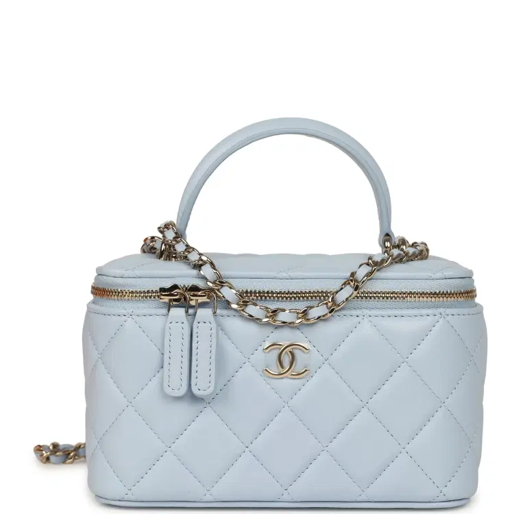 Chanel Small Classic Top Handle Vanity Case Light Blue Lambskin Light Gold Hardware-Hover-Image