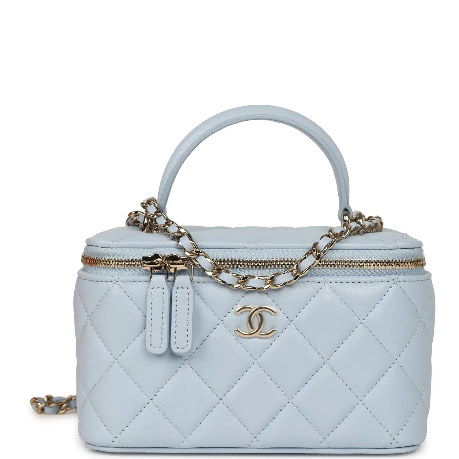 Chanel Small Classic Top Handle Vanity Case Light Blue Lambskin Light Gold Hardware