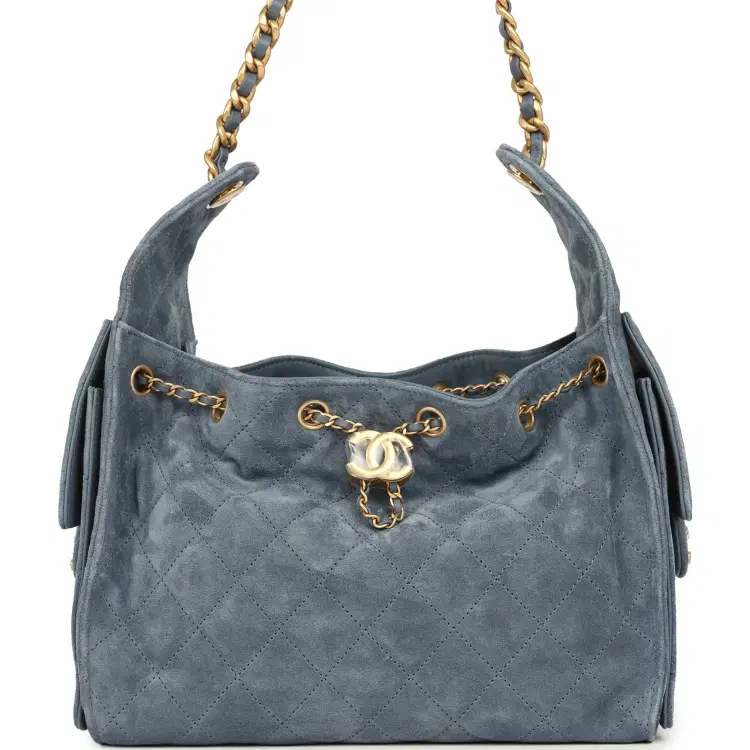 Chanel Small 25 Hobo Bag Blue Suede Antique Gold Hardware-Hover-Image