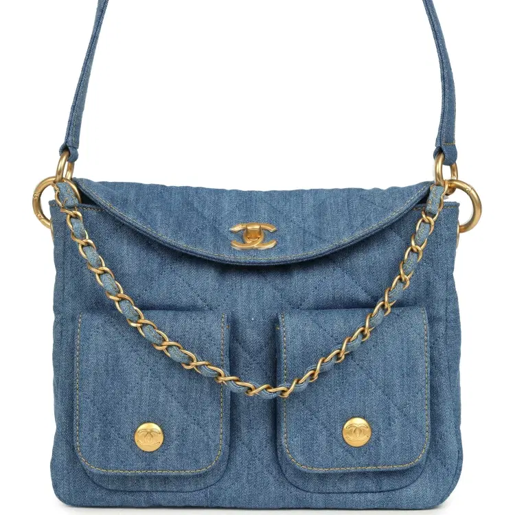 Chanel Small Supple Twins Hobo Bag Light Blue Denim Brushed Gold Hardware-Hover-Image