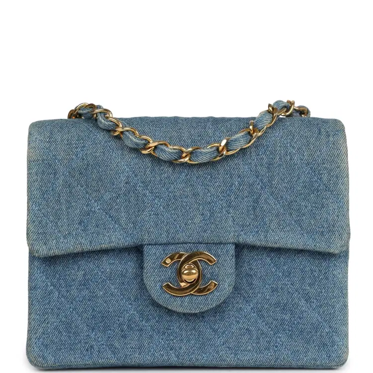 Vintage Chanel Mini Square Flap Bag Blue Denim Gold Hardware-Hover-Image