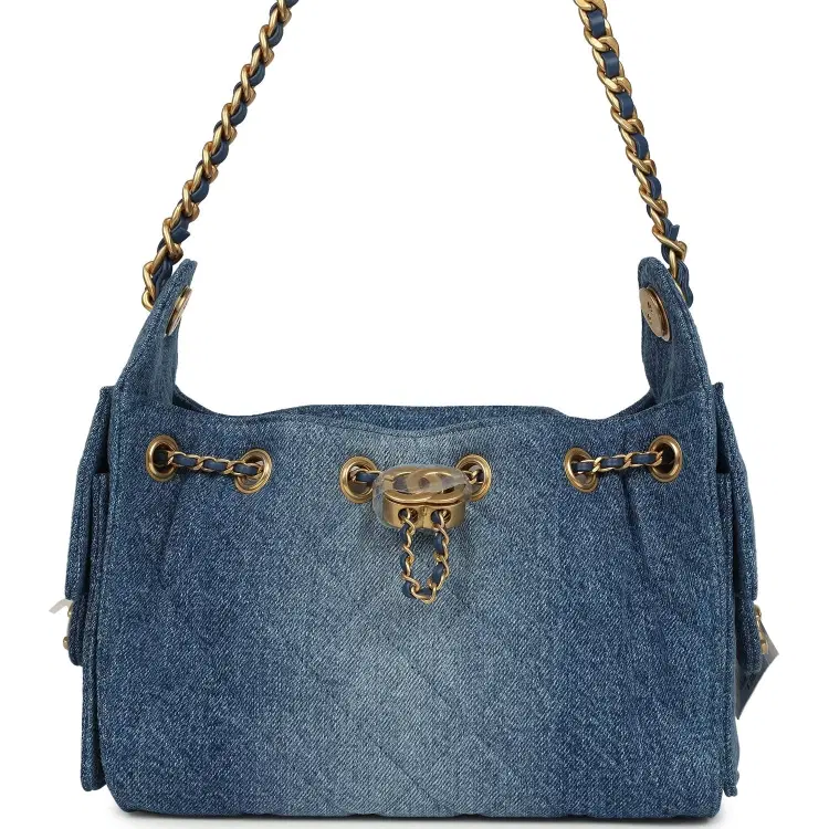 Chanel Mini 25 Hobo Bag Blue Washed Denim Antique Gold Hardware-Hover-Image