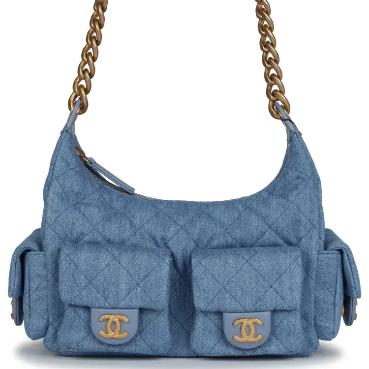 Chanel Large Cargo Hobo Bag Light Blue Washed Denim Brushed Gold Hardware-Hover-Image