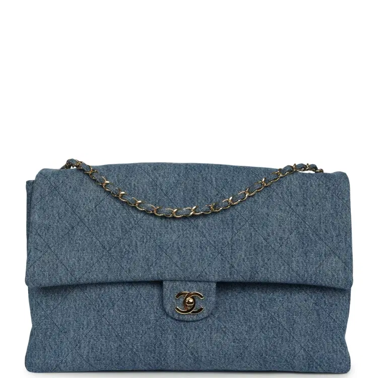 Chanel Maxi "Souplissimo" Large Flap Bag Blue Denim Gold Hardware-Hover-Image