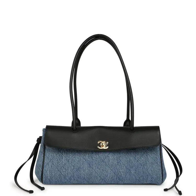 Chanel Small "Urban Essential" East West Shopping Tote Black Calfskin and Blue Denim Gold Hardware-Hover-Image