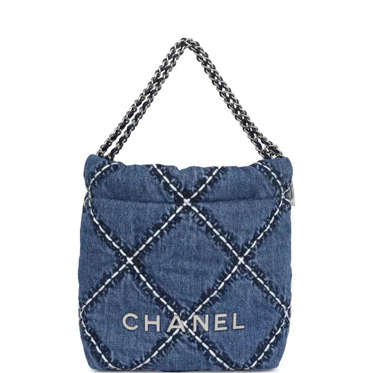 Chanel Mini 22 Bag Blue Stitched Denim Silver Hardware-Hover-Image