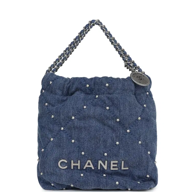 Chanel Mini 22 Bag Blue Studded Denim Silver Hardware-Hover-Image