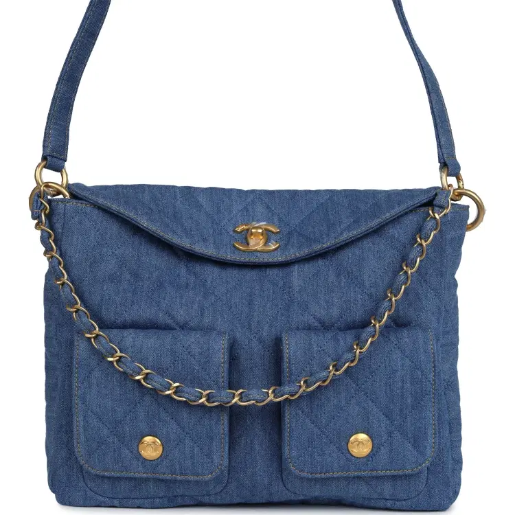 Chanel Large Supple Twins Hobo Bag Blue Denim Brushed Gold Hardware-Hover-Image