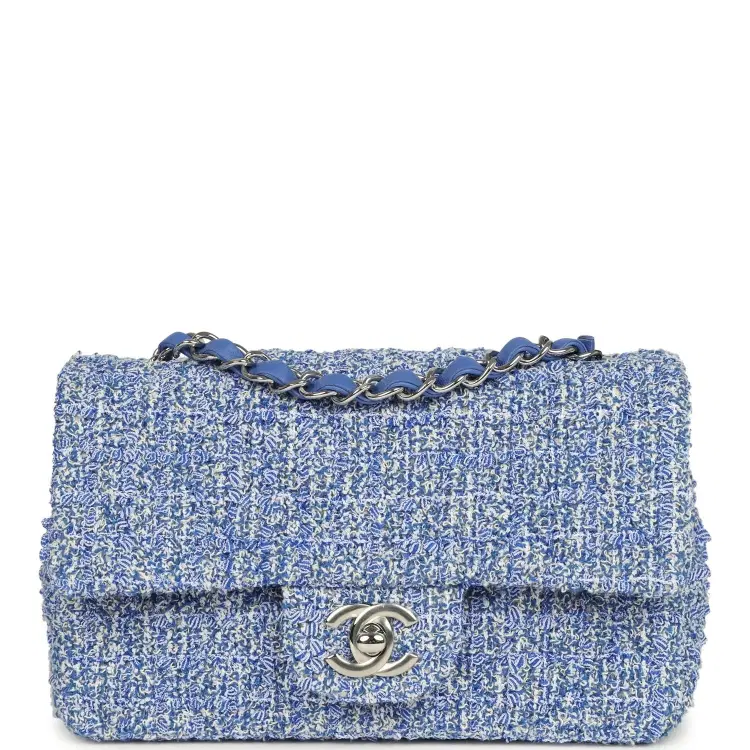 Chanel Mini Rectangular Flap Bag Blue and White Tweed Silver Hardware-Hover-Image