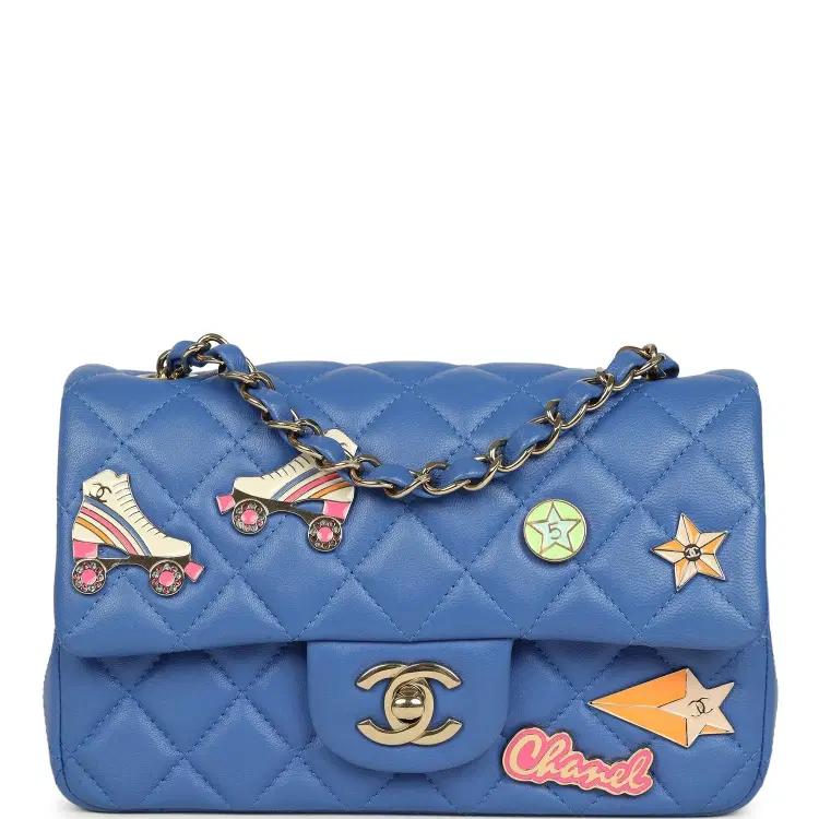 Pre-owned Chanel Mini Rectangular Hollywood Charms Flap Bag Blue Lambskin Light Gold Hardware-Hover-Image
