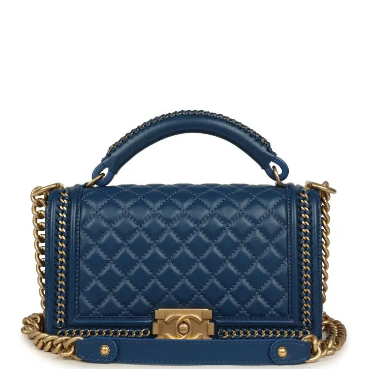 Pre-owned Chanel Medium Top Handle Braided Boy Bag Blue Lambskin Antique Gold Hardware-Hover-Image