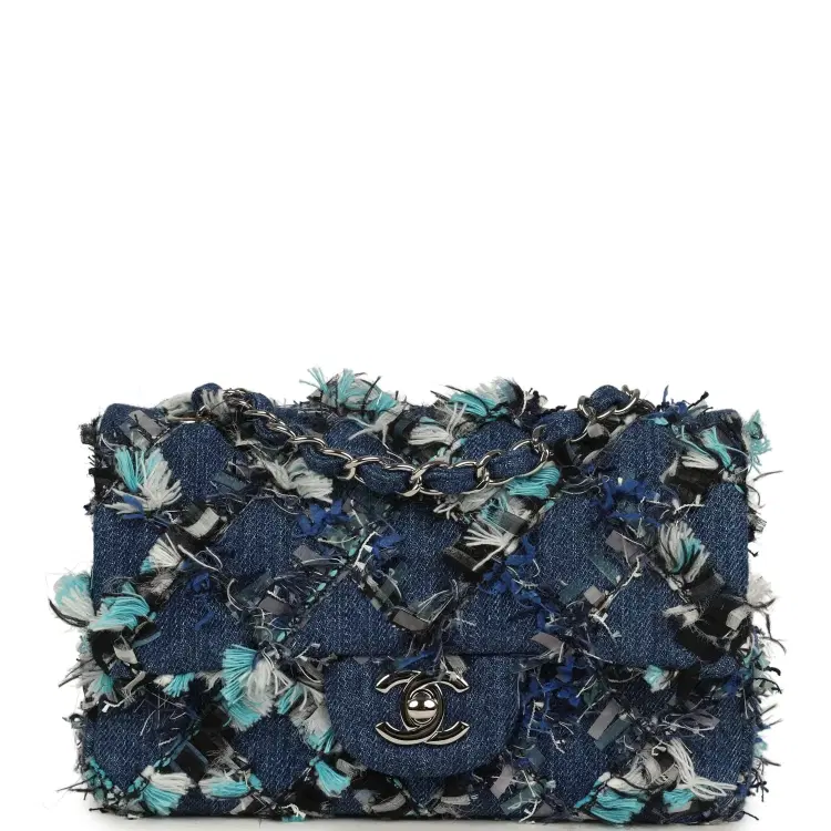 Chanel Mini Classic Rectangular Flap Bag Ribbon Tweed Blue Denim Silver Hardware-Hover-Image