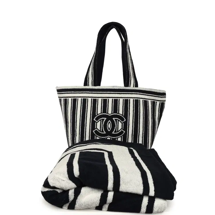 Chanel Coco Beach CC Striped Beach Tote Bag & Towel Set Navy Blue and White Terry Silver Hardware-Hover-Image