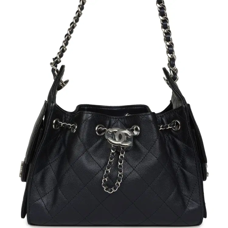 Chanel Mini 25 Hobo Bag Dark Blue Metallic Caviar Silver Hardware-Hover-Image