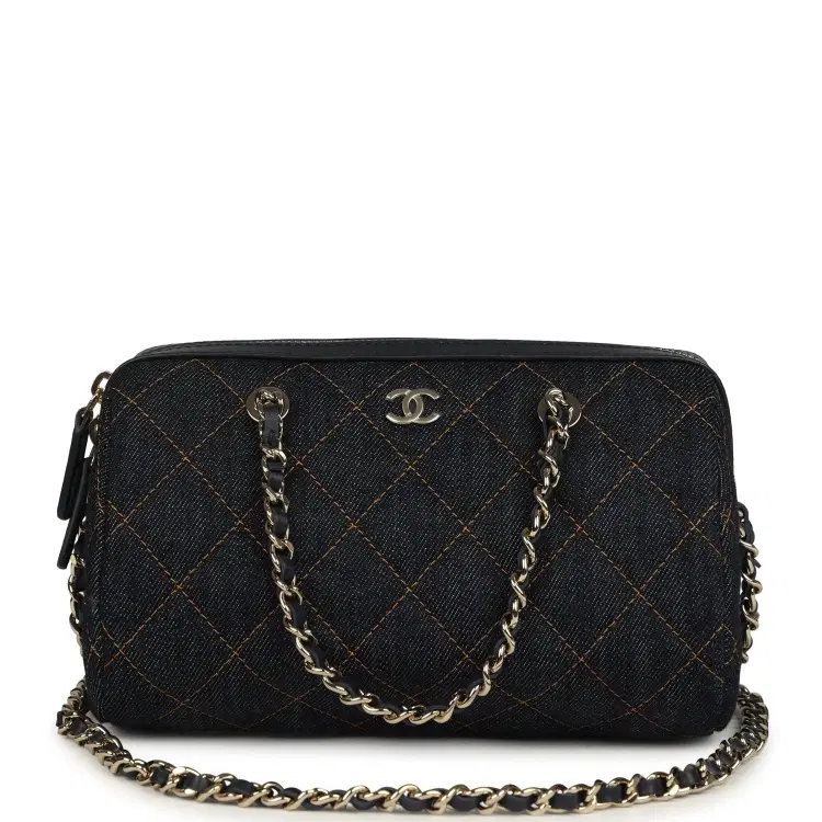 Chanel Mini Timeless Classic Barrel Bag with Chain Dark Blue Denim Light Gold Hardware-Hover-Image