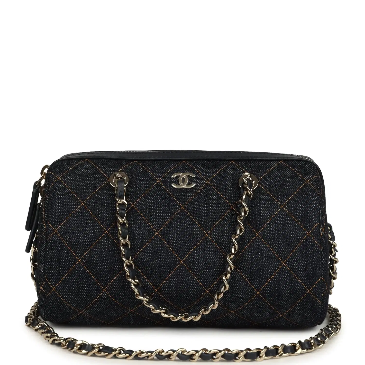Chanel Mini Timeless Classic Barrel Bag with Chain Dark Blue Denim Light Gold Hardware