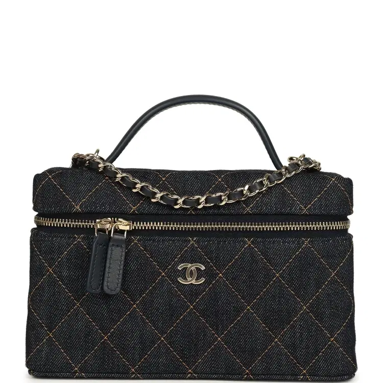 Chanel Top Handle Long Vanity Case with Chain Dark Blue Denim Light Gold Hardware-Hover-Image