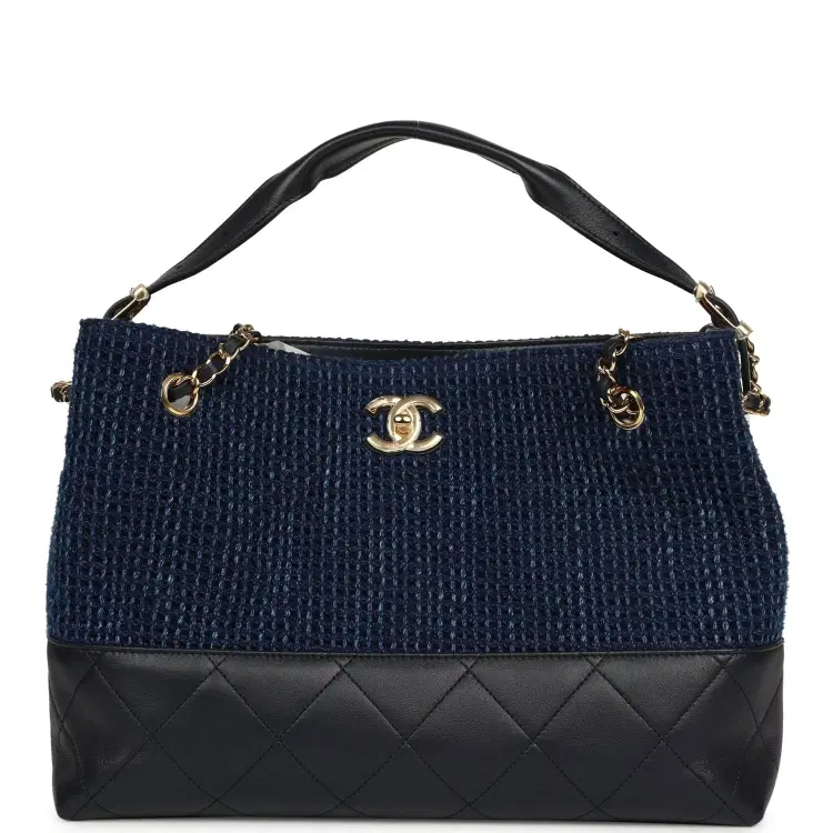 Chanel Small Coco Base Hobo Bag Blue Denim Tweed and Navy Blue Shiny Lambskin Gold Hardware-Hover-Image