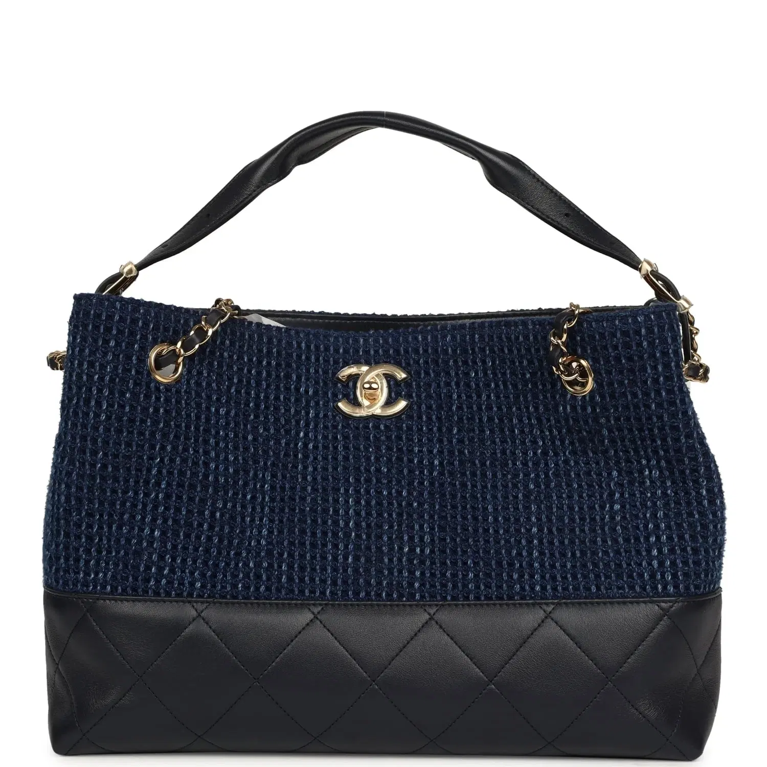 Chanel Small Coco Base Hobo Bag Blue Denim Tweed and Navy Blue Shiny Lambskin Gold Hardware
