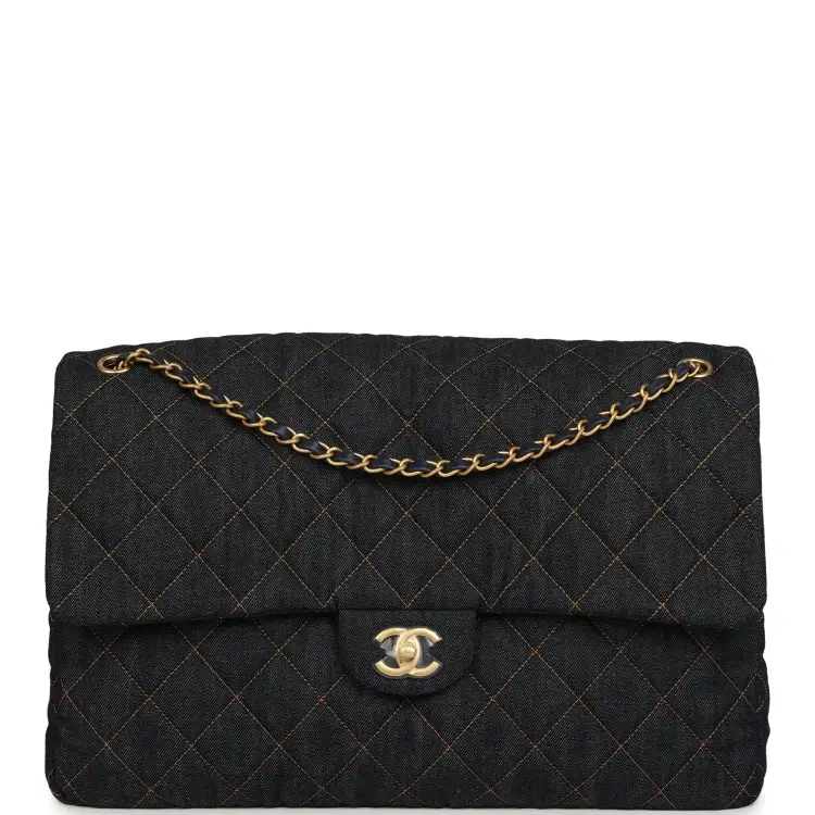 Chanel XXL Classic Single Travel Flap Bag Dark Blue Denim Brushed Gold Hardware-Hover-Image