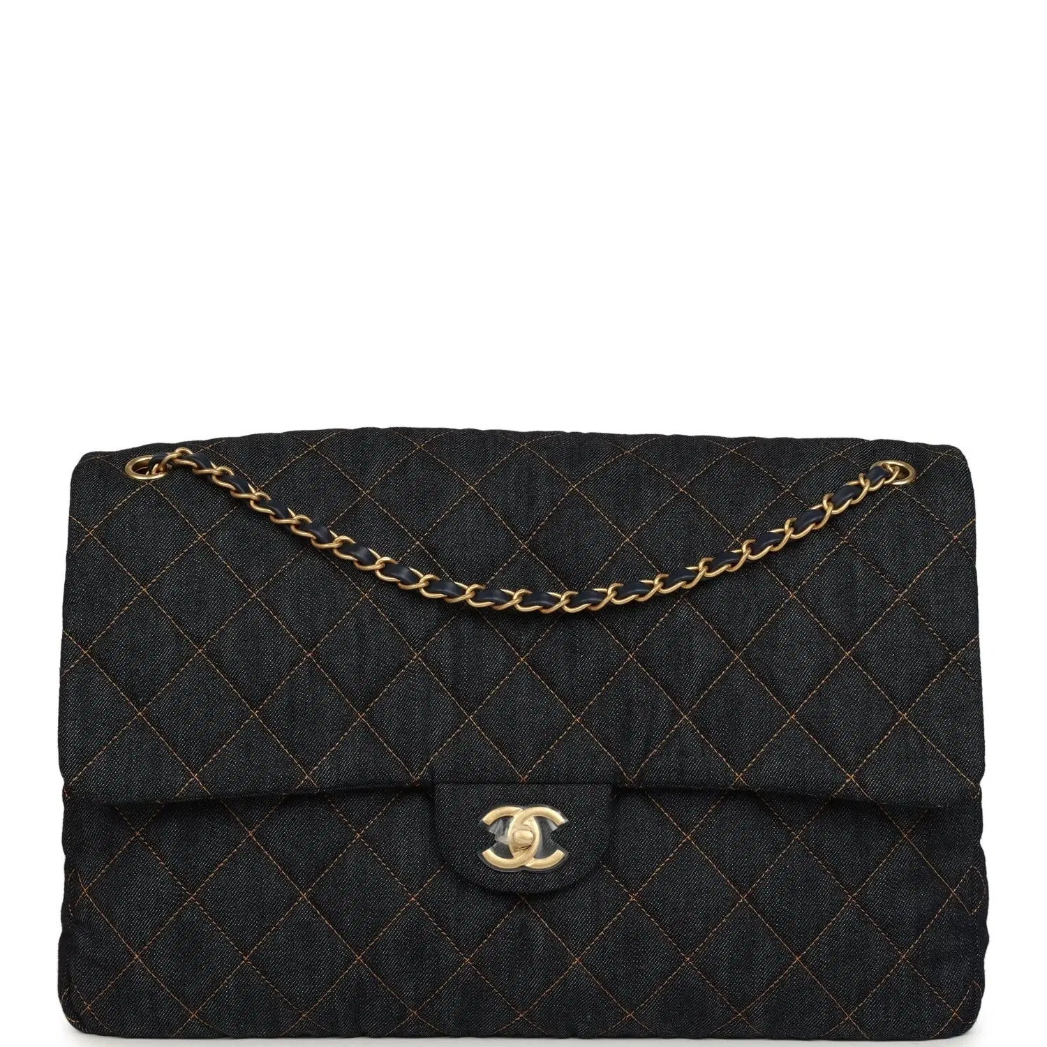 Chanel XXL Classic Single Travel Flap Bag Dark Blue Denim Brushed Gold Hardware