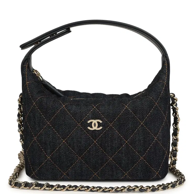 Chanel Mini Hobo Pouch with Chain Dark Blue Denim and Leather Light Gold Hardware-Hover-Image