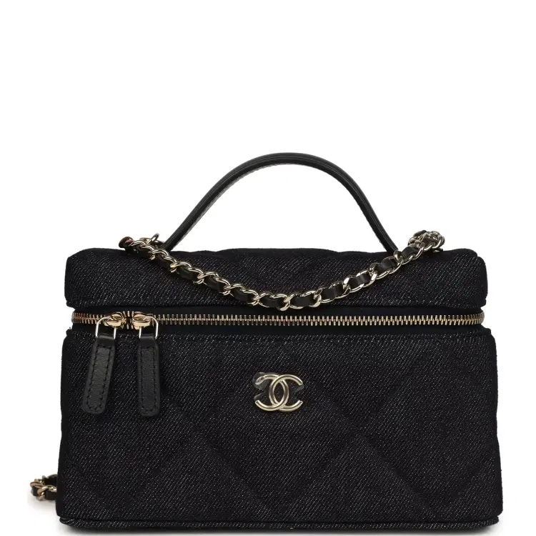 Chanel Top Handle Long Vanity Case with Chain Dark Blue Denim Light Gold Hardware-Hover-Image