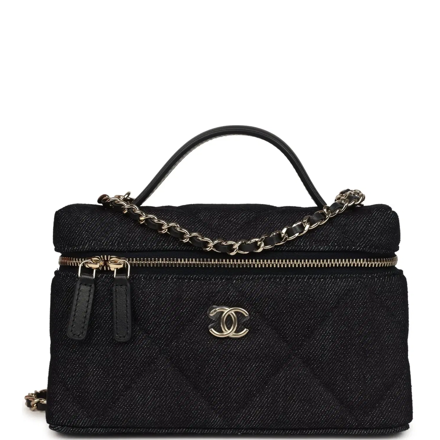 Chanel Top Handle Long Vanity Case with Chain Dark Blue Denim Light Gold Hardware