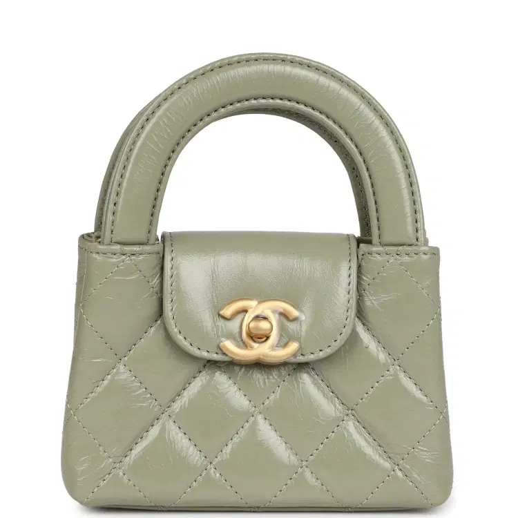 Chanel Nano Kelly Shopper Khaki Shiny Aged Calfskin Brushed Gold Hardware-Hover-Image