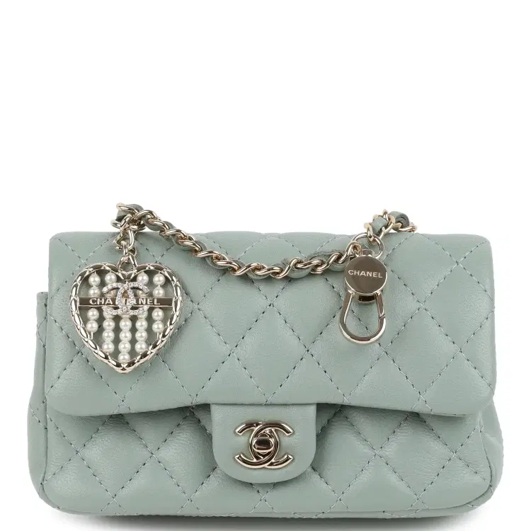 Chanel Nano Classic Double Flap Bag Charm Dark Green Lambskin Light Gold Hardware-Hover-Image