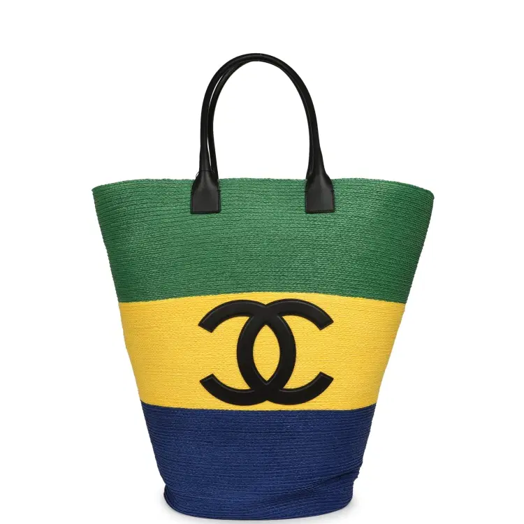 Chanel Maxi Coco Beach Large Shopping Bag Green, Yellow, Blue Raffia and Black Calfskin-Hover-Image