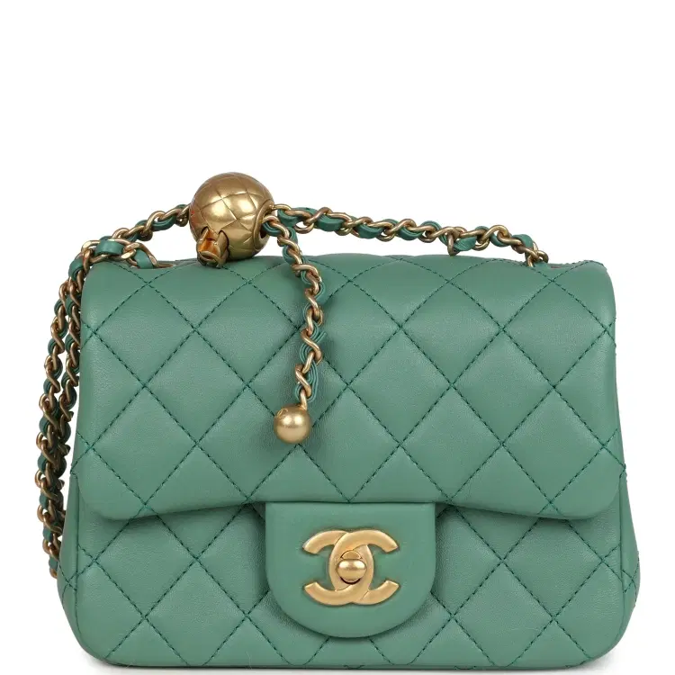 Chanel Mini Square Pearl Crush Flap Bag Green Lambskin Antique Gold Hardware-Hover-Image