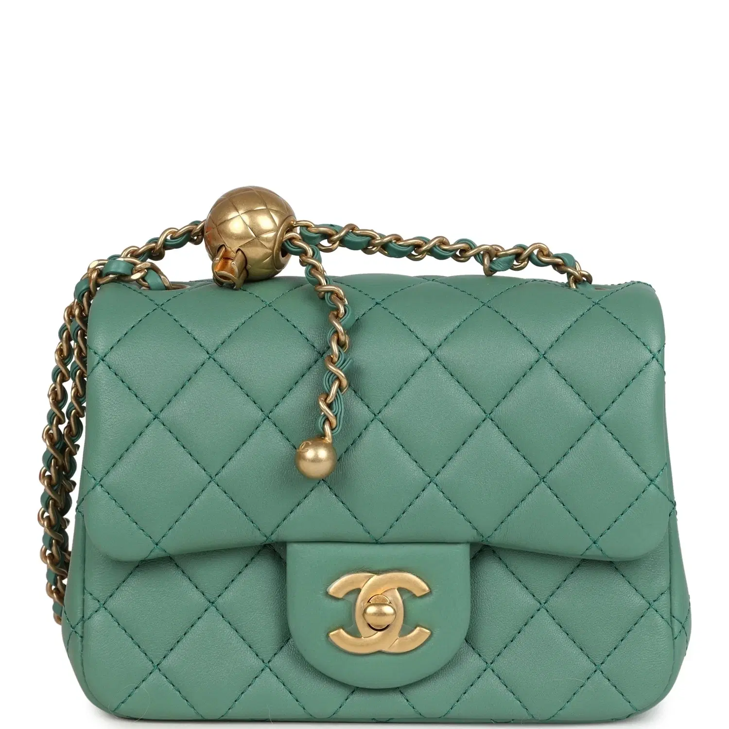 Chanel Mini Square Pearl Crush Flap Bag Green Lambskin Antique Gold Hardware