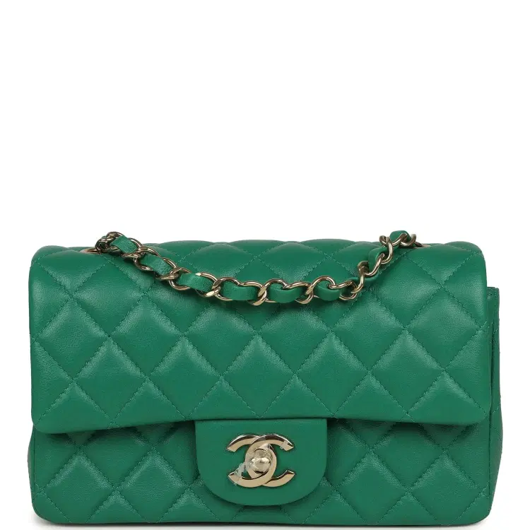 Chanel Mini Classic Rectangular Flap Bag Green Lambskin Light Gold Hardware-Hover-Image